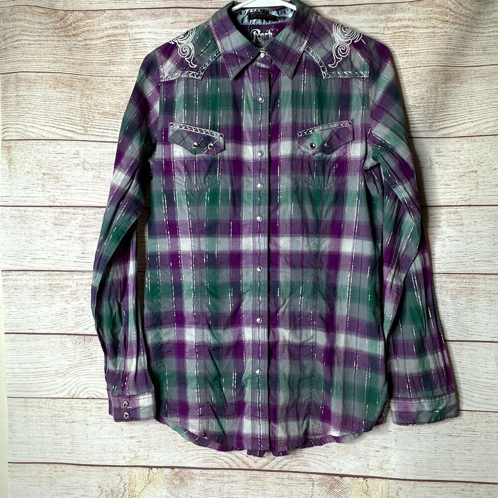 Western Rock 47 Wrangler Purple Green Embroidered Snap Cowgirl Shirt Women's M